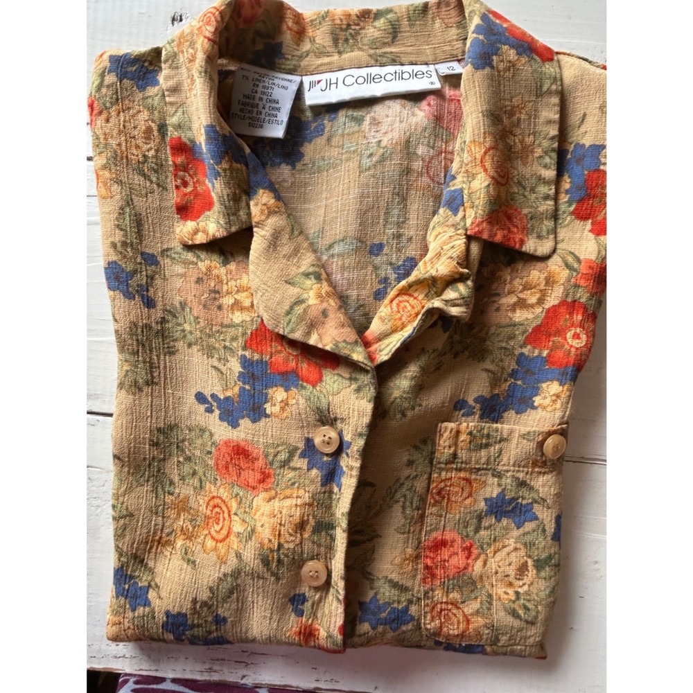 JH Collectibles Womens Floral Button Up Shirt Rayon Linen Tan Red Blue Size 12